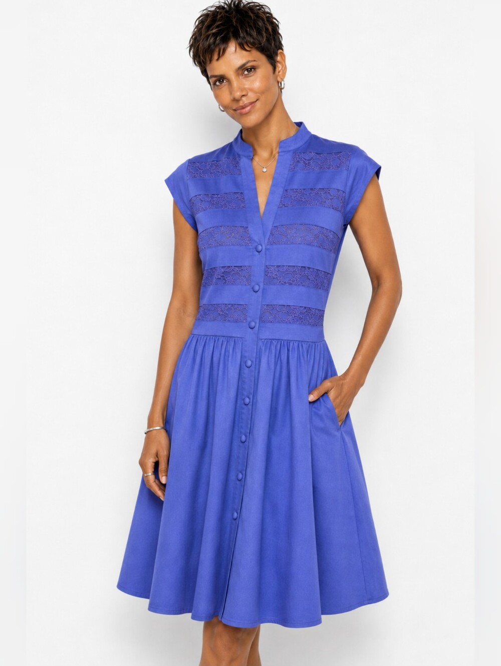 Cynthia Steffe Fit & Flare Button-Down Knee Length Dress w Lace Insets